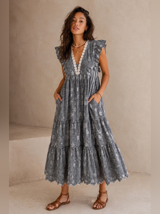 Dresses & Skirts - #239 Cotton Black & White Gingham Tiered Maxi Dress with Lace Trim